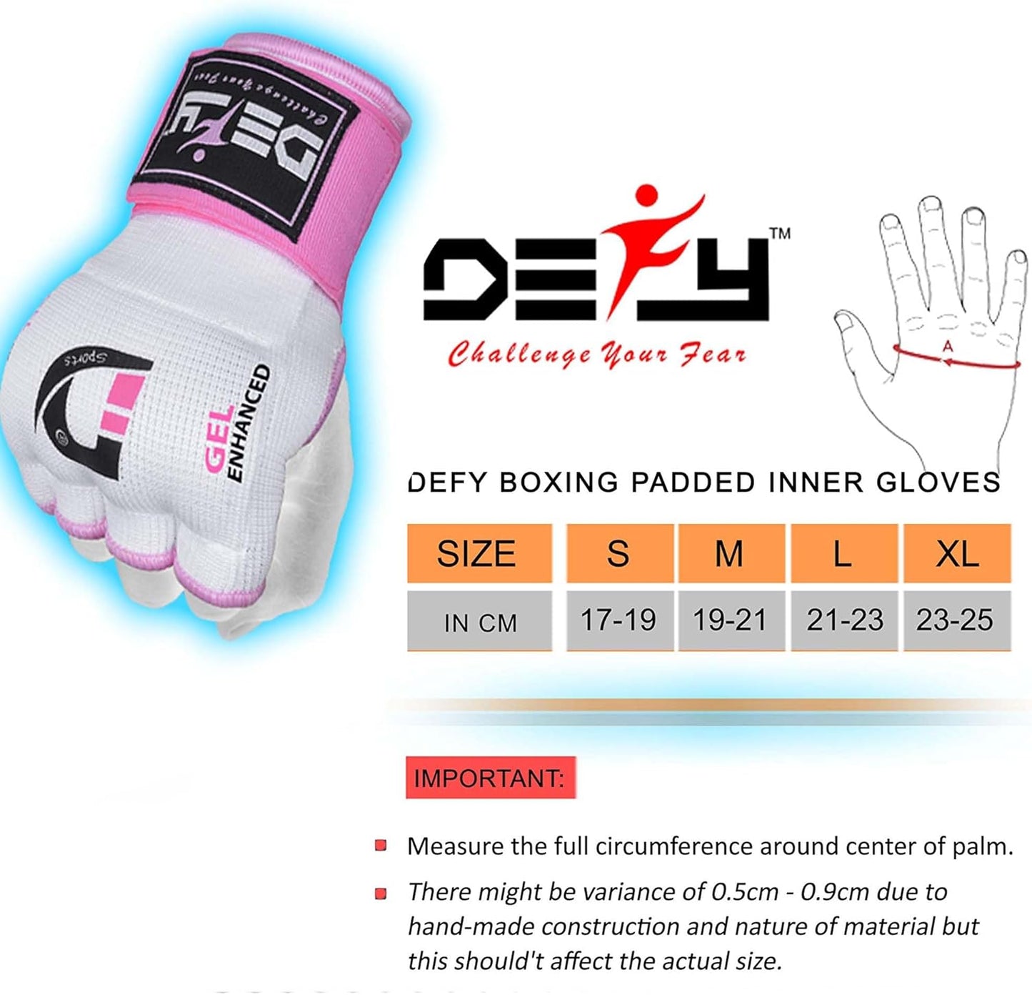 DEFY Padded Inner Gloves Quick 75Cm Long Strap – Inner Boxing Gloves Gel Padded Knuckle Protection – Elasticated Boxing Hand Wraps for MMA Muay Thai Kickboxing Martial Arts Pair