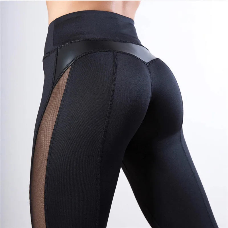 Women Skinny Leggings Black Yoga Sport Pants Pu Leather Patchwork Lady Jogging Pants Push up Workout Sport Yoga Leggings Female