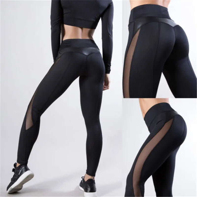 Women Skinny Leggings Black Yoga Sport Pants Pu Leather Patchwork Lady Jogging Pants Push up Workout Sport Yoga Leggings Female