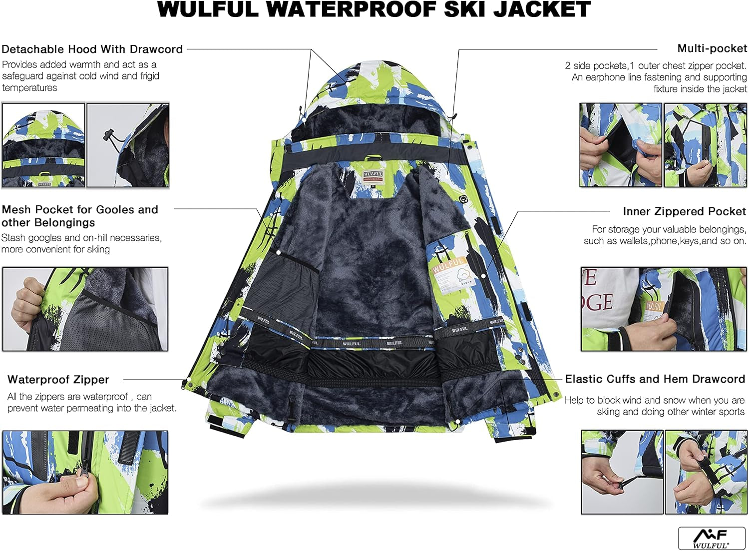 Men'S Waterproof Ski Jacket Warm Winter Coats Windproof Winter Jackets for Men Fleece Lined Windbreaker with Hood