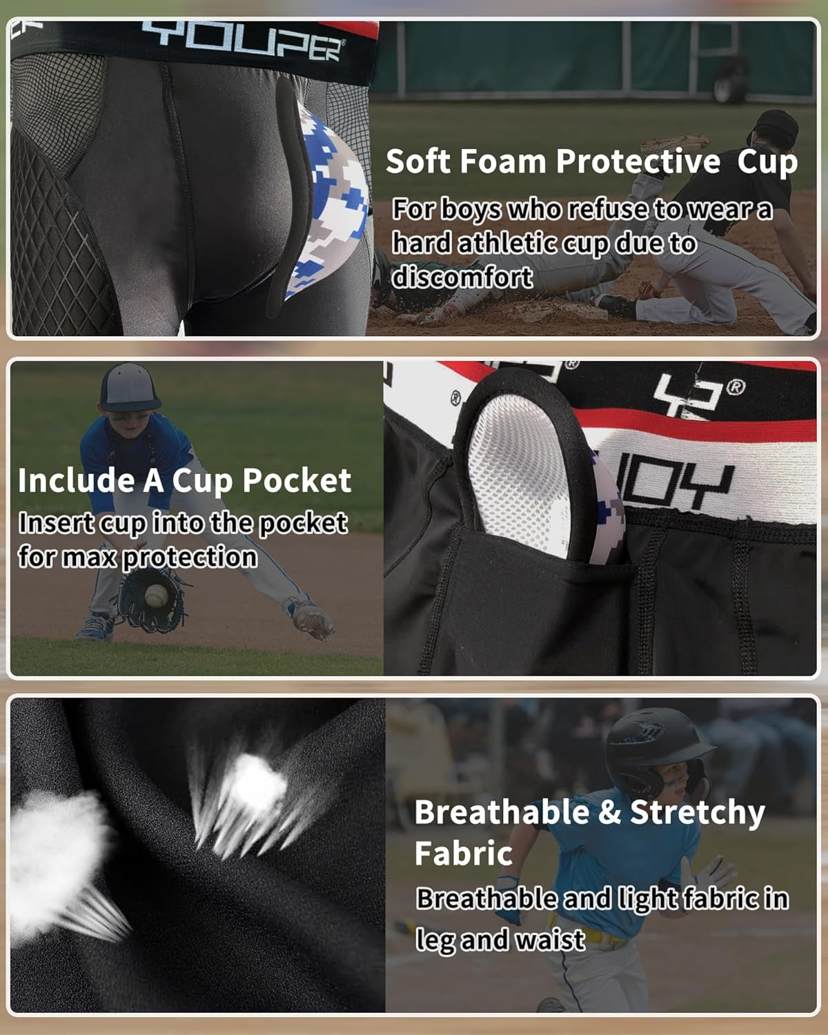 Youth Elite Padded Baseball Sliding Shorts W/Soft Athletic Cup